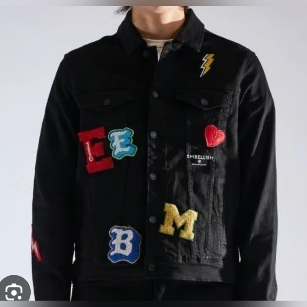 Embellish Black Letterman Patch Jacket Size Medium NWT
